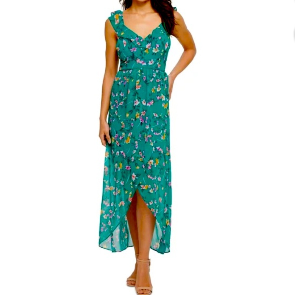 Cute Womens Guess Green Floral print Ruffle Sleeveless Dress Sz 4